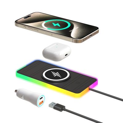 Хорошая цена Силиконовая автомобильная беспроводная зарядная панель RGB LED Qi Apple Samsung Earbuds Совместимость онлайн